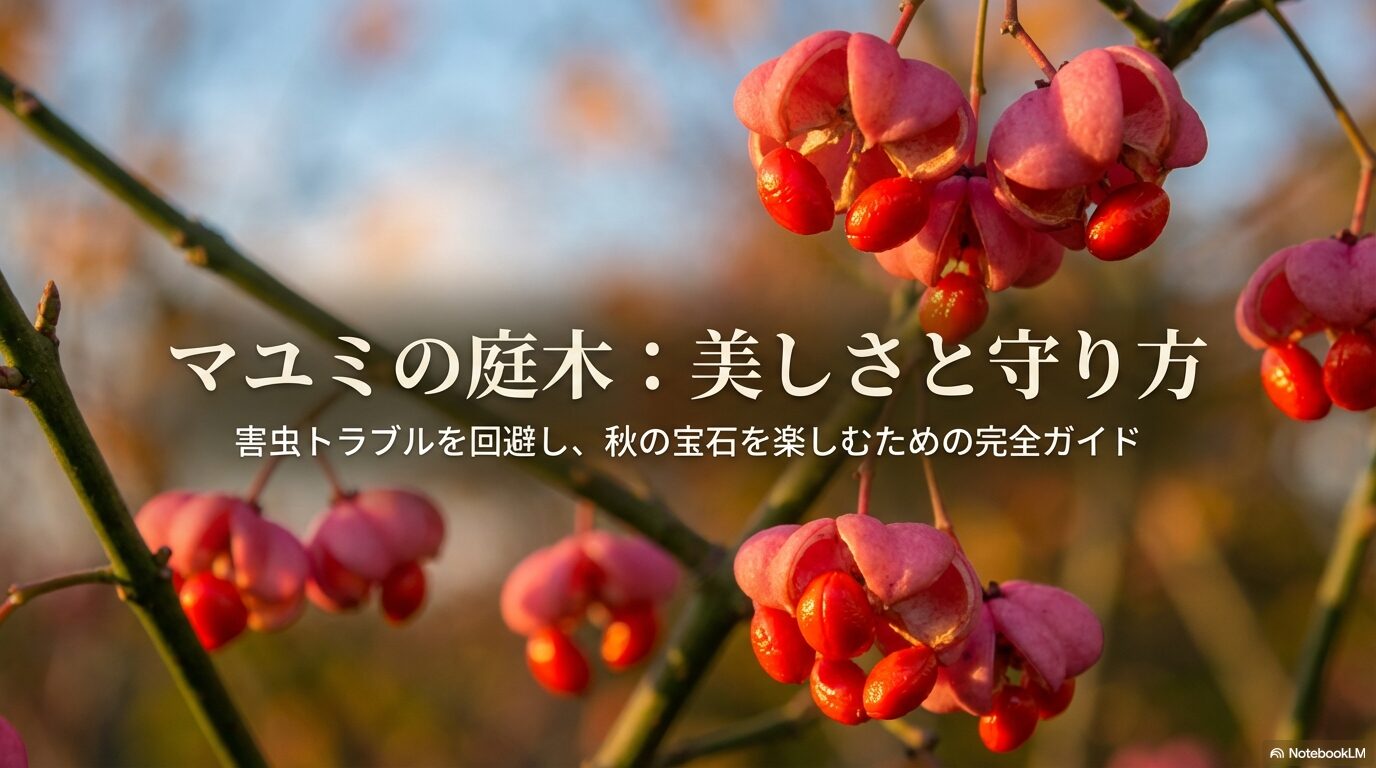 マユミの赤い実と緑の葉を背景にした「マユミの庭木：美しさと守り方」というタイトルの記事表紙画像
