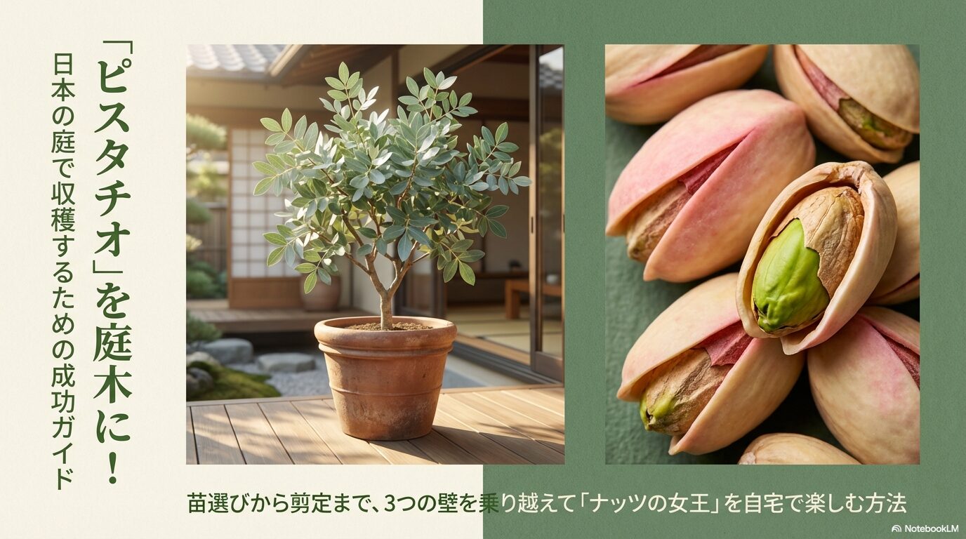 日本の庭でピスタチオを育てるための成功ガイド表紙と鉢植えのイラスト