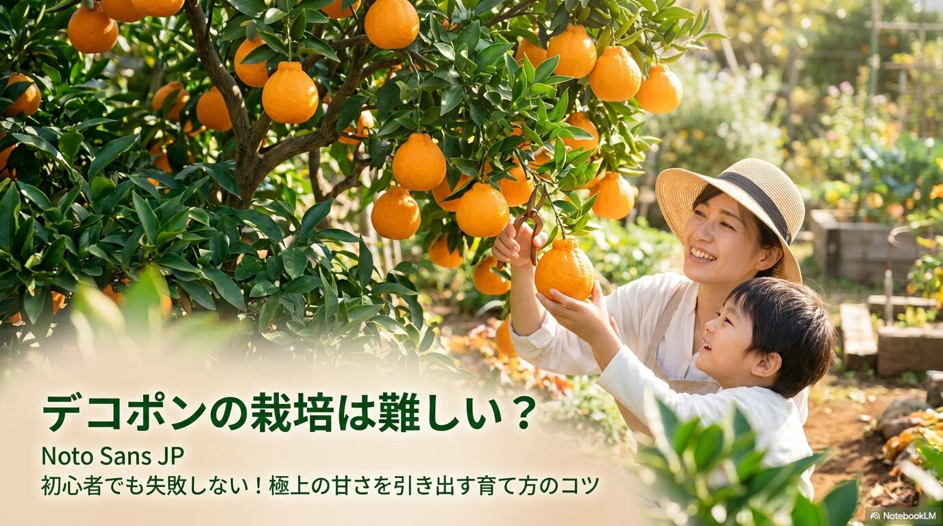 デコポン栽培に悩む初心者と立派に実った不知火の果実（タイトル）