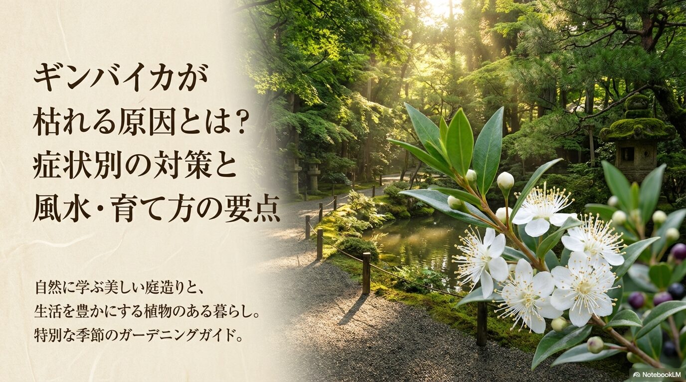 ギンバイカが枯れる原因とは？症状別の対策と風水・育て方の要点と書かれたタイトルスライド