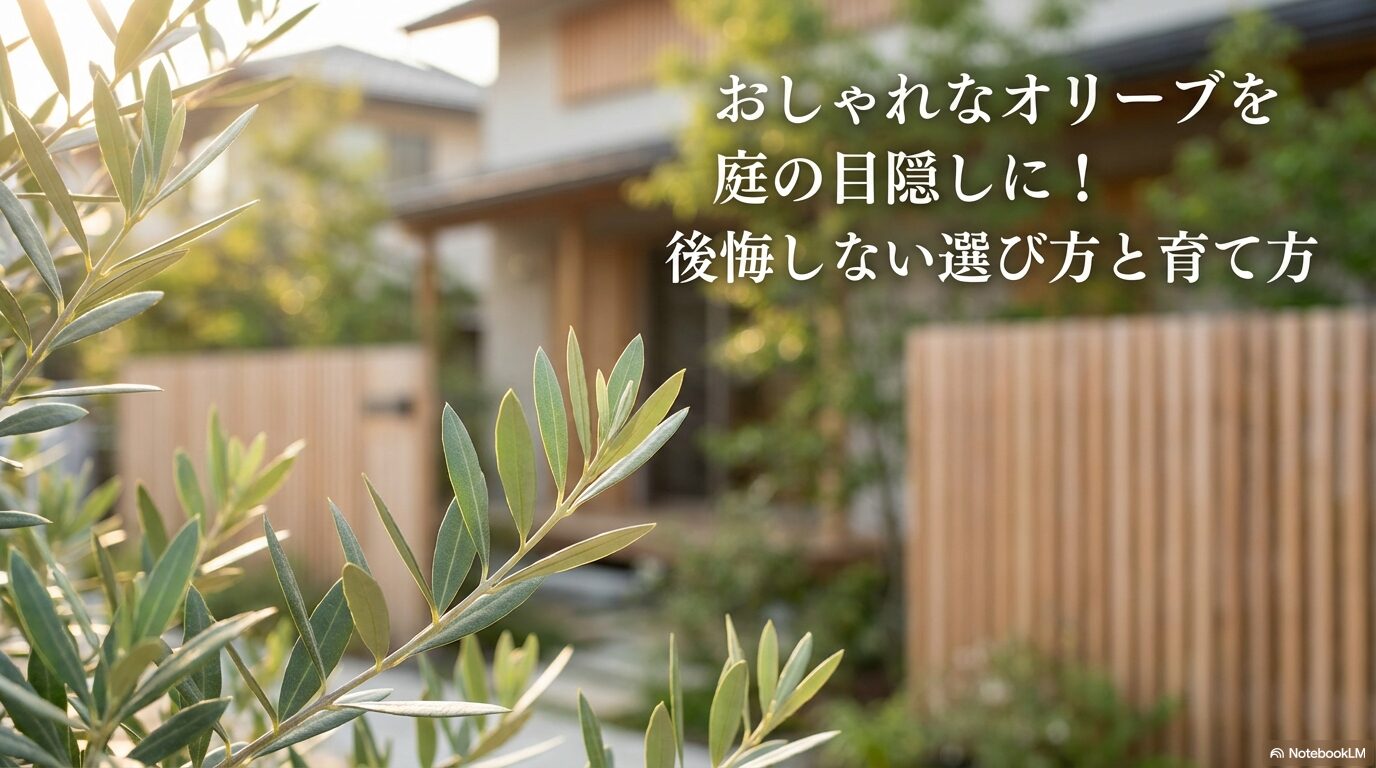 庭の目隠しとして人気のおしゃれなオリーブの選び方と育て方を解説するタイトル画像（アイキャッチ）