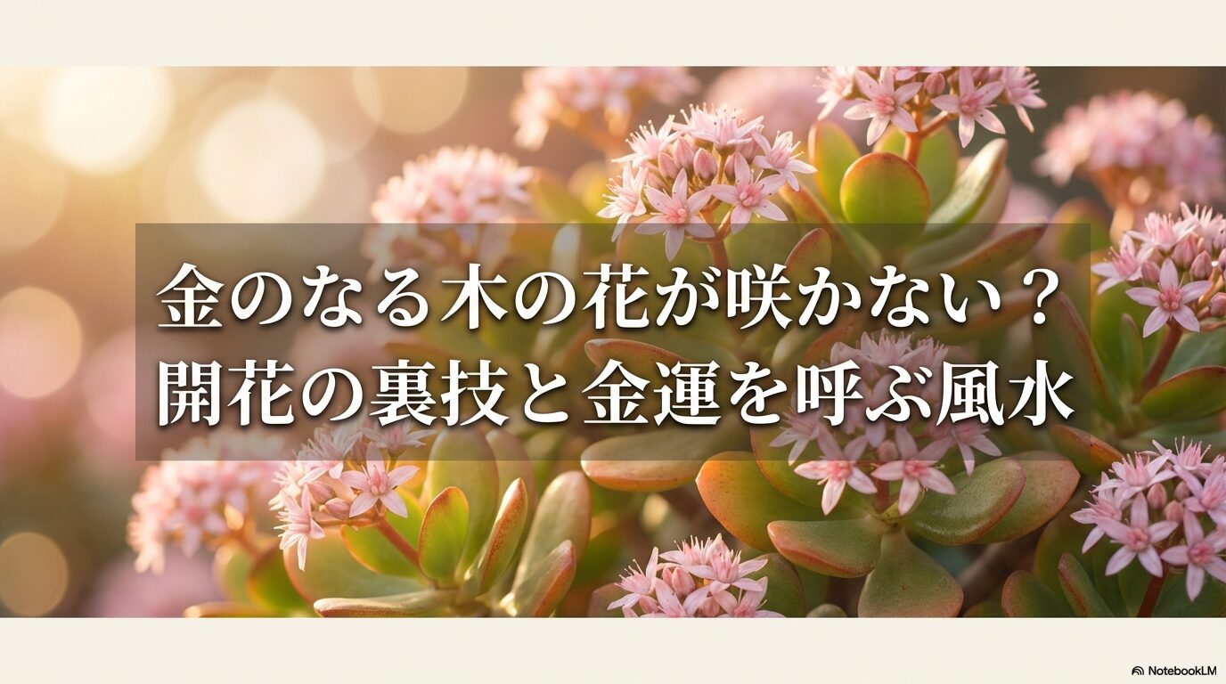 金のなる木の花が咲かない原因と開花の裏技、風水効果についてまとめたタイトル画像