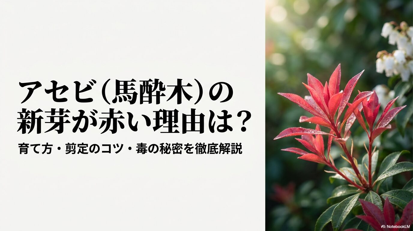 アセビの新芽が赤い理由や育て方、剪定のコツを解説するまとめスライド。