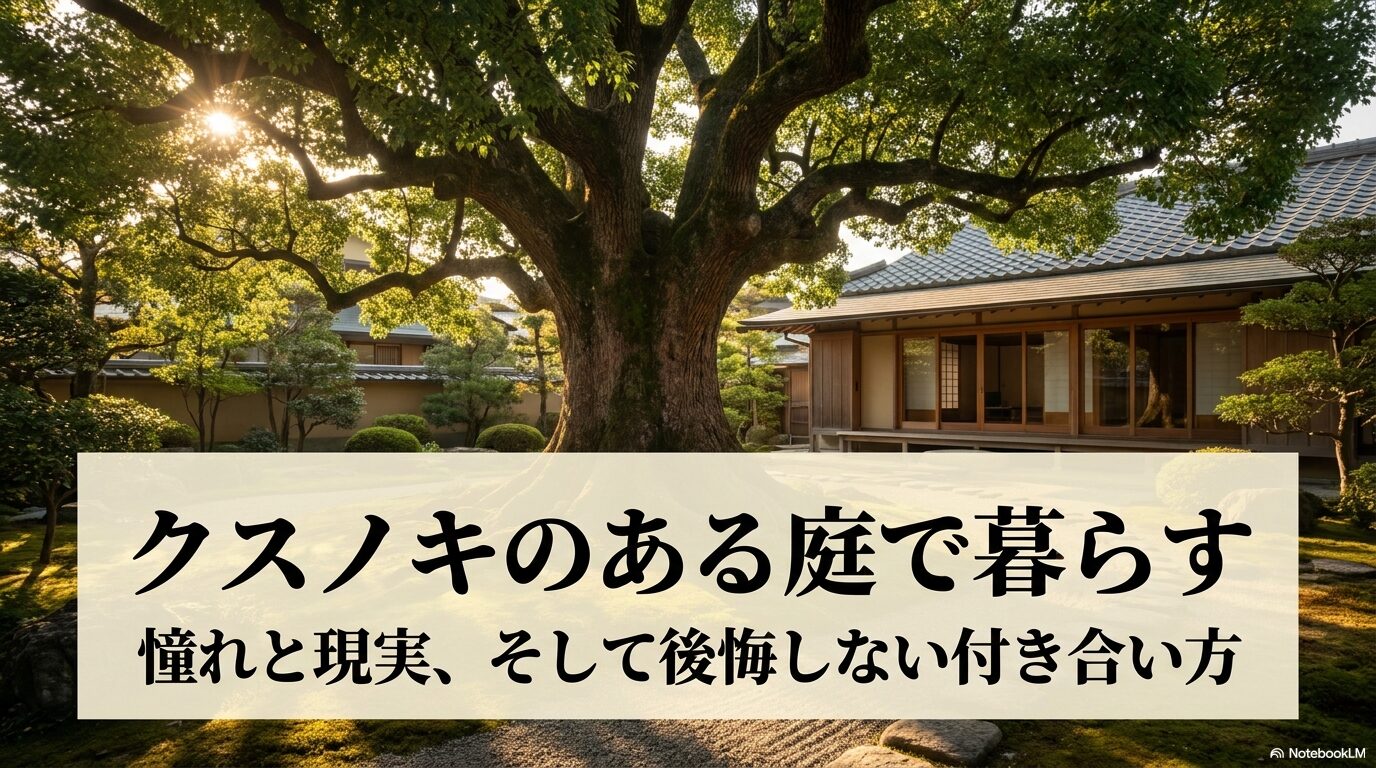 クスノキの庭での暮らしを象徴するタイトルスライド。森の王者の光と影というキャッチコピーが入っている。