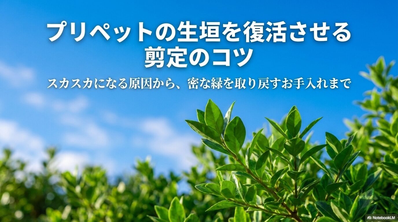 プリペットの生垣を復活させるための剪定のコツをまとめたスライド資料の表紙。