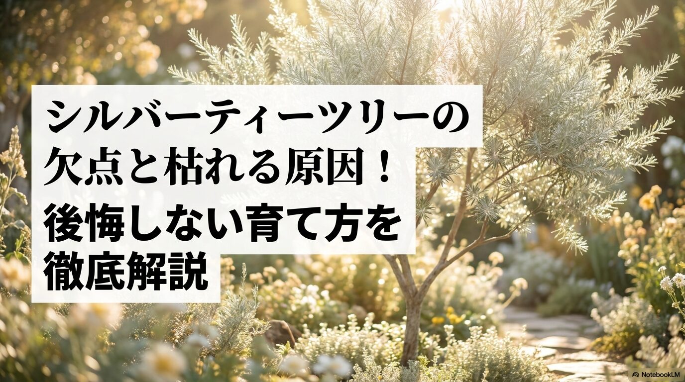 シルバーティーツリーの欠点と枯れる原因、後悔しない育て方を解説するガイド資料の表紙画像。